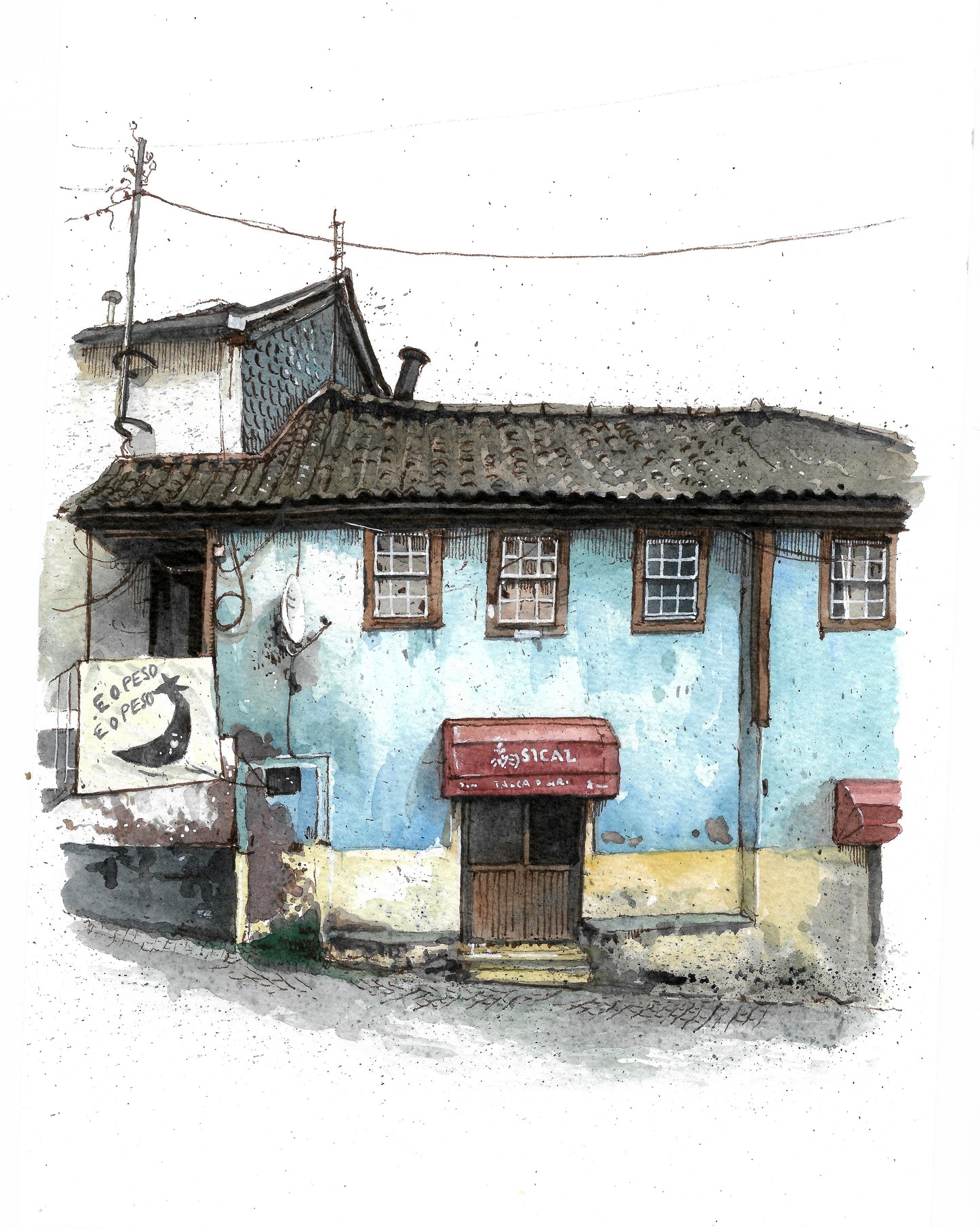 Portuguese House - Original Watercolor - Peso da Regua em Azul