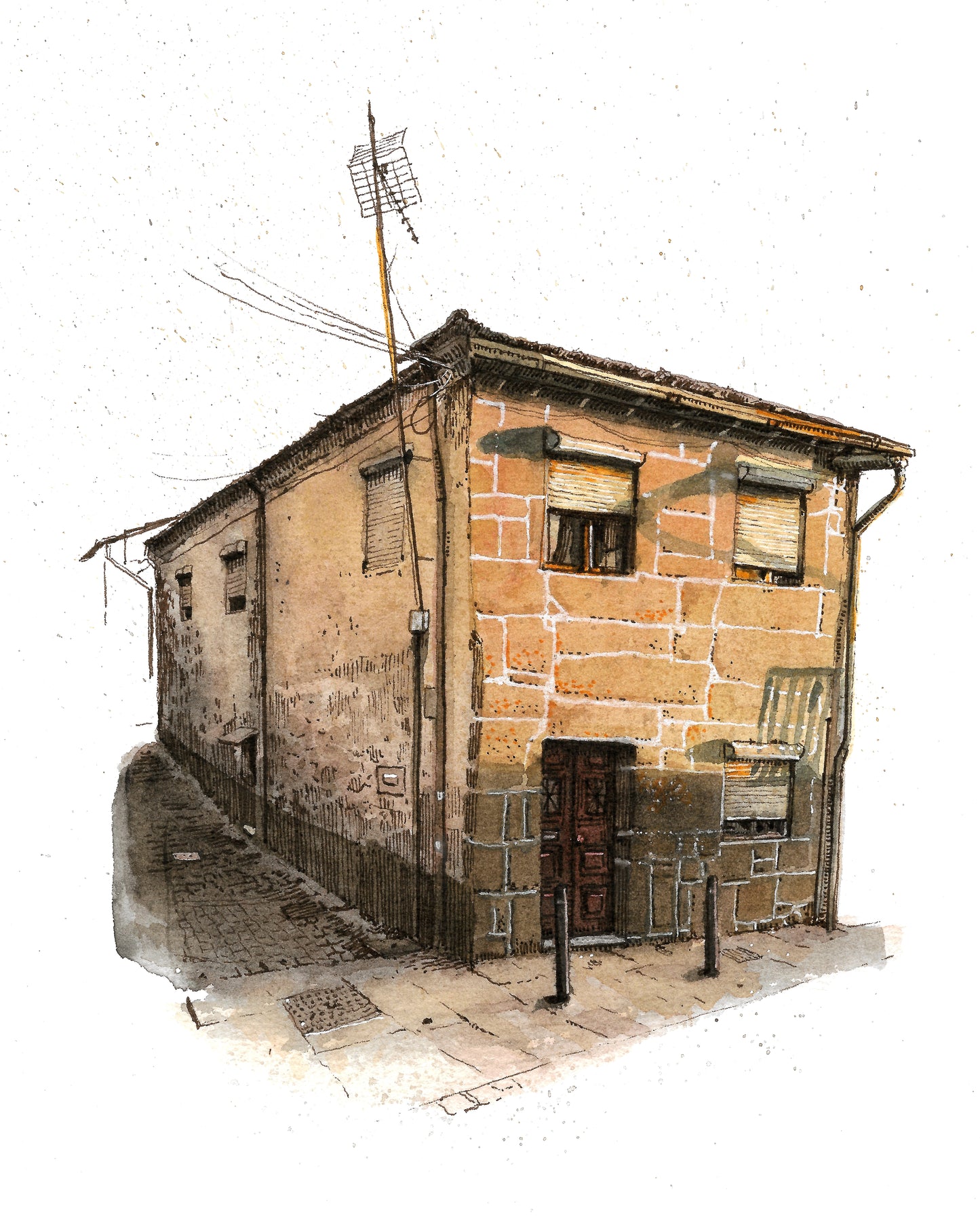 Portuguese House - Original Watercolor - Penafiel, Rua direita e sol de verão