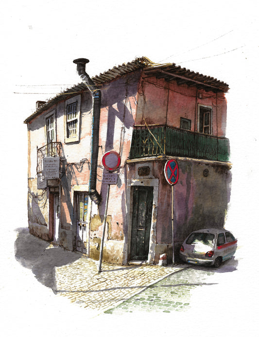 Portuguese House - Original Watercolor - Lisboa pink